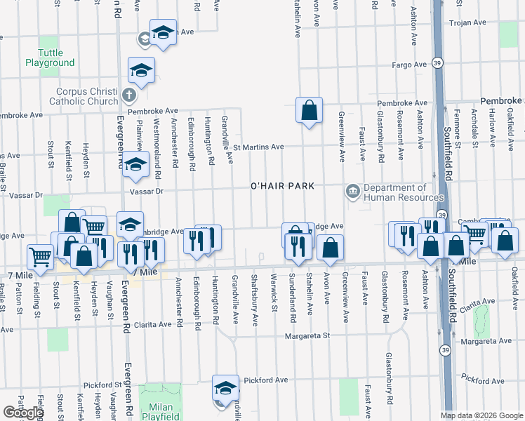 map of restaurants, bars, coffee shops, grocery stores, and more near 19335 Warwick Street in Detroit