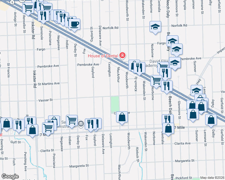 map of restaurants, bars, coffee shops, grocery stores, and more near 19408 Lexington Street in Redford Charter Township