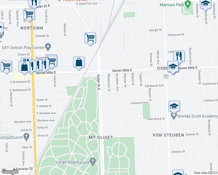 map of restaurants, bars, coffee shops, grocery stores, and more near Blackmoor Street in Detroit