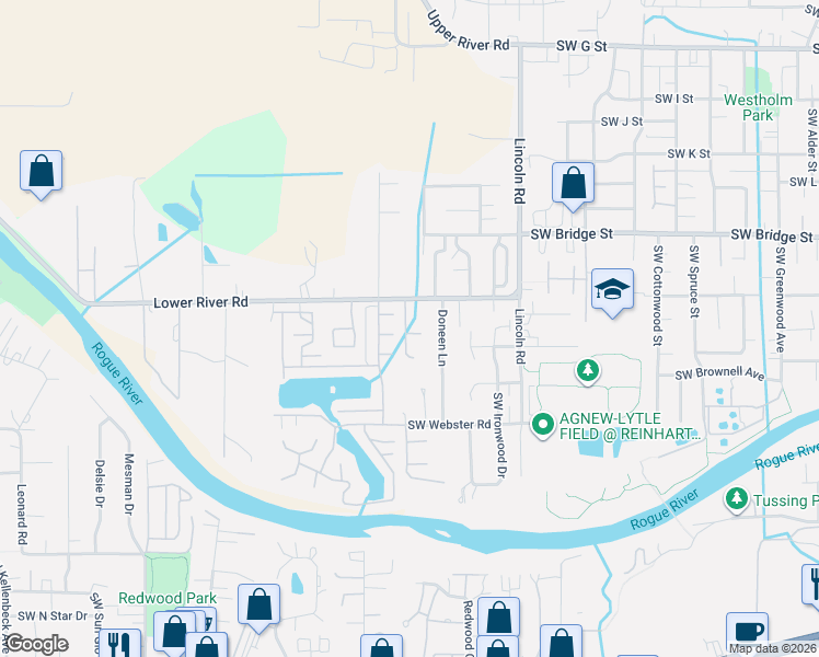 map of restaurants, bars, coffee shops, grocery stores, and more near 916 Schaefers Lane in Grants Pass
