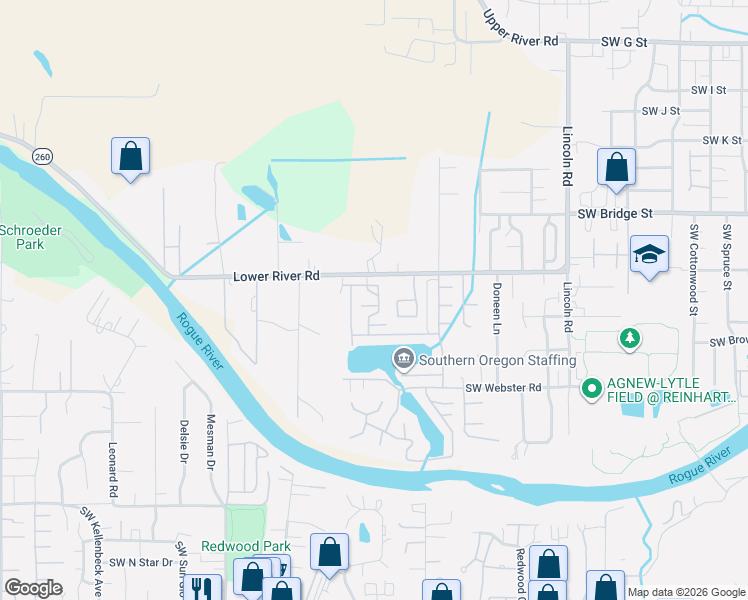map of restaurants, bars, coffee shops, grocery stores, and more near 867 Bentley Drive in Grants Pass