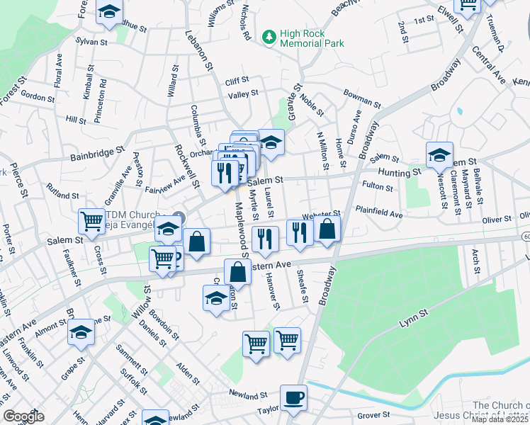 map of restaurants, bars, coffee shops, grocery stores, and more near 112 Webster Street in Malden