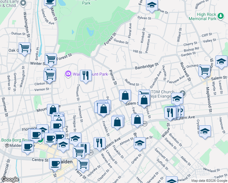 map of restaurants, bars, coffee shops, grocery stores, and more near 18 Kenilworth Street in Malden