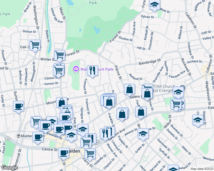 map of restaurants, bars, coffee shops, grocery stores, and more near 75 Wolcott Street in Malden