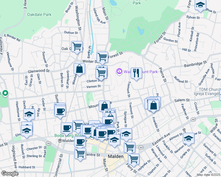 map of restaurants, bars, coffee shops, grocery stores, and more near 52 Crescent Avenue in Malden