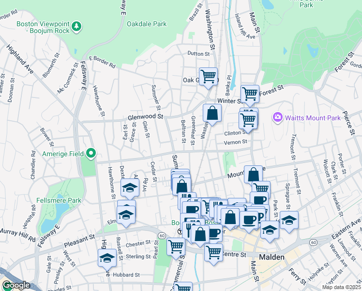 map of restaurants, bars, coffee shops, grocery stores, and more near 161 Clifton Street in Malden