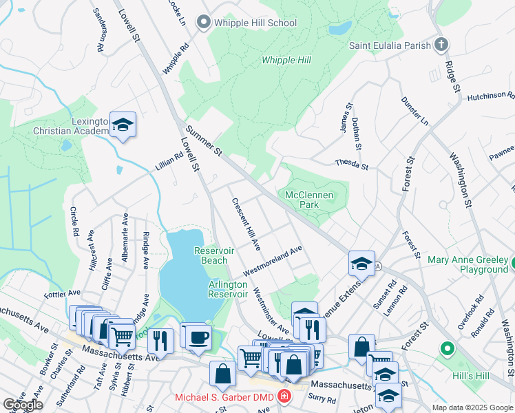 map of restaurants, bars, coffee shops, grocery stores, and more near 125 Crescent Hill Avenue in Arlington