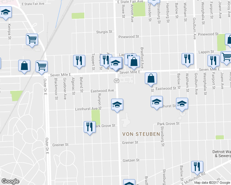 map of restaurants, bars, coffee shops, grocery stores, and more near 18680 Albion Avenue in Detroit