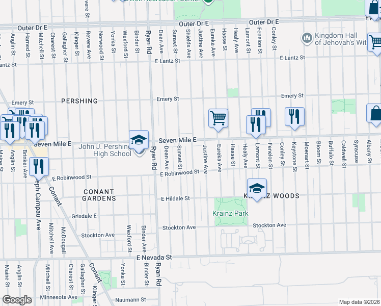 map of restaurants, bars, coffee shops, grocery stores, and more near 18850 Shields Street in Detroit