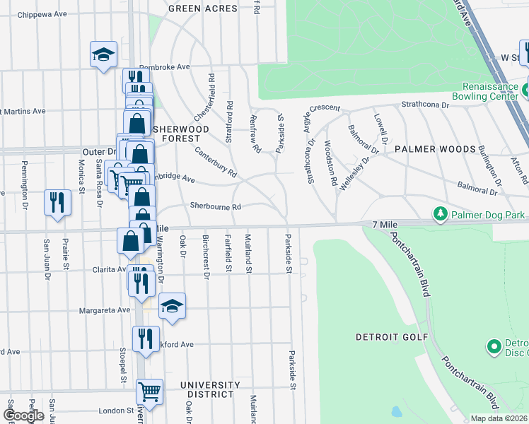 map of restaurants, bars, coffee shops, grocery stores, and more near 19101 Canterbury Road in Detroit