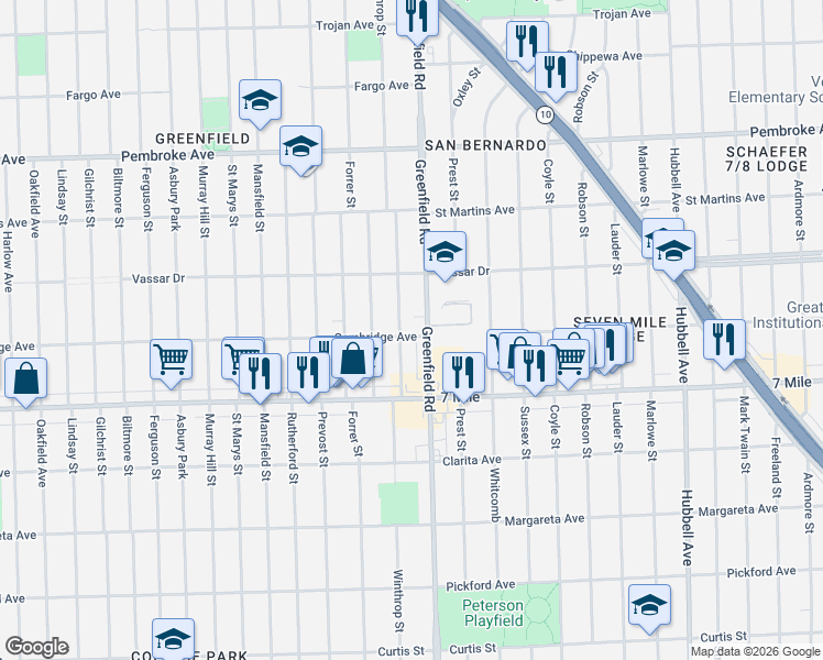 map of restaurants, bars, coffee shops, grocery stores, and more near 19216 Winthrop Street in Detroit
