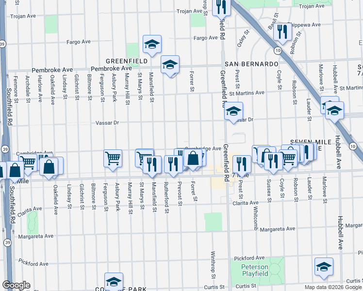 map of restaurants, bars, coffee shops, grocery stores, and more near 19213 Forrer Street in Detroit