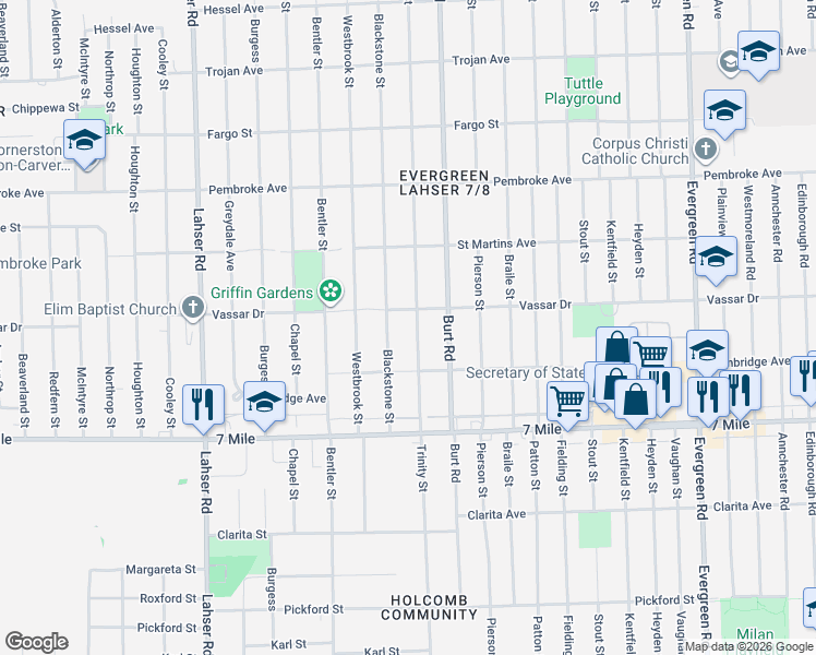 map of restaurants, bars, coffee shops, grocery stores, and more near 19341 Trinity Street in Detroit