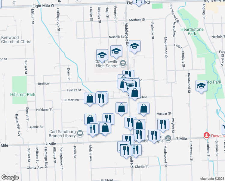 map of restaurants, bars, coffee shops, grocery stores, and more near 29620 Saint Martins Street in Livonia