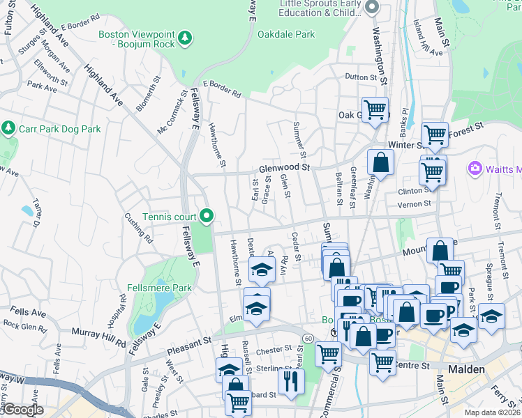 map of restaurants, bars, coffee shops, grocery stores, and more near 32 Kernwood Street in Malden