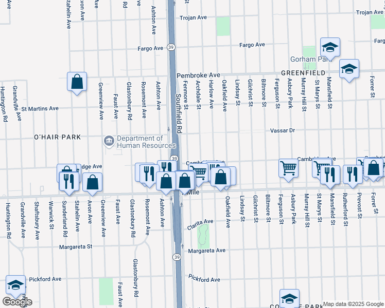map of restaurants, bars, coffee shops, grocery stores, and more near 19303 Fenmore Street in Detroit