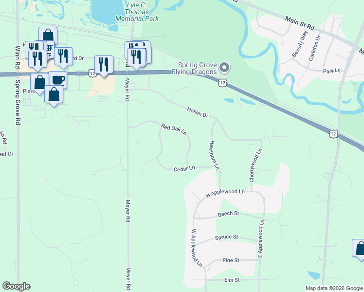 map of restaurants, bars, coffee shops, grocery stores, and more near 1967 Red Oak Lane in Spring Grove