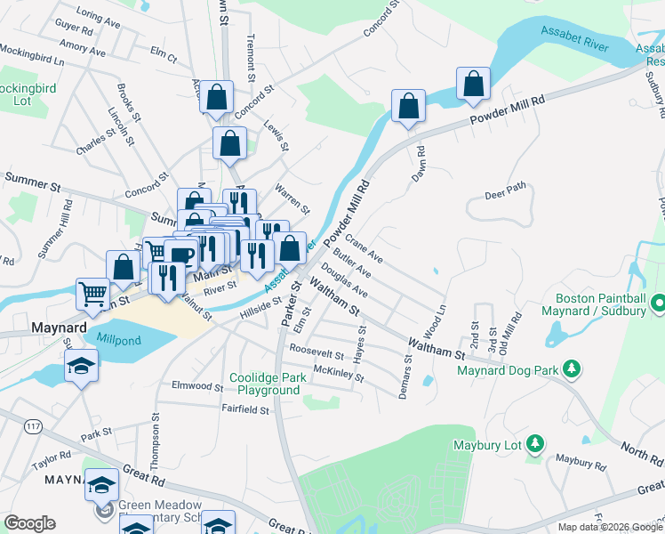 map of restaurants, bars, coffee shops, grocery stores, and more near 18 Douglas Avenue in Maynard