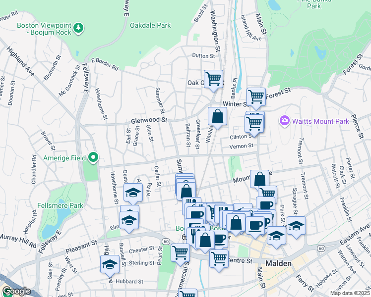 map of restaurants, bars, coffee shops, grocery stores, and more near 161 Clifton Street in Malden