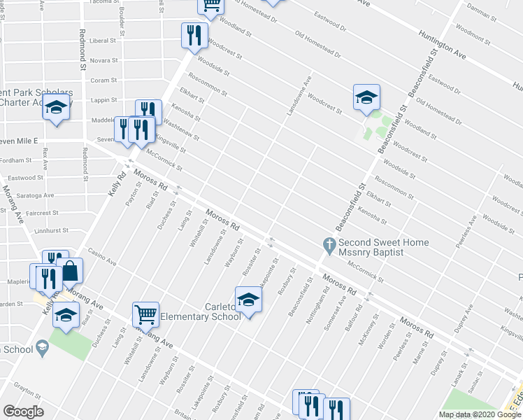 map of restaurants, bars, coffee shops, grocery stores, and more near 19171 McCormick Street in Detroit