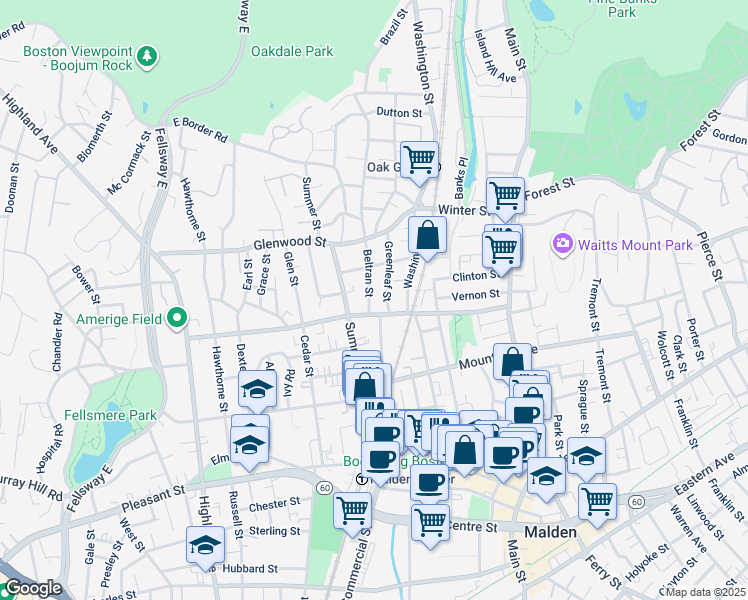 map of restaurants, bars, coffee shops, grocery stores, and more near 13 Beltran Street in Malden