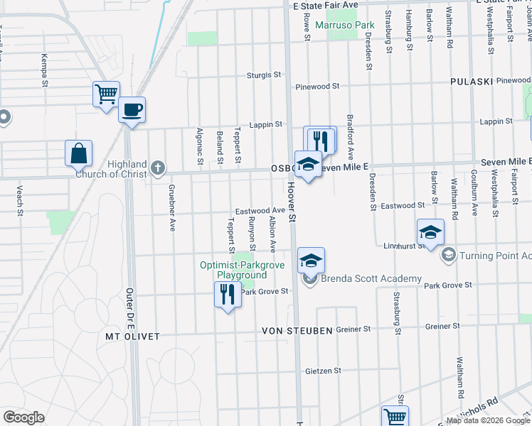 map of restaurants, bars, coffee shops, grocery stores, and more near 18680 Albion Avenue in Detroit