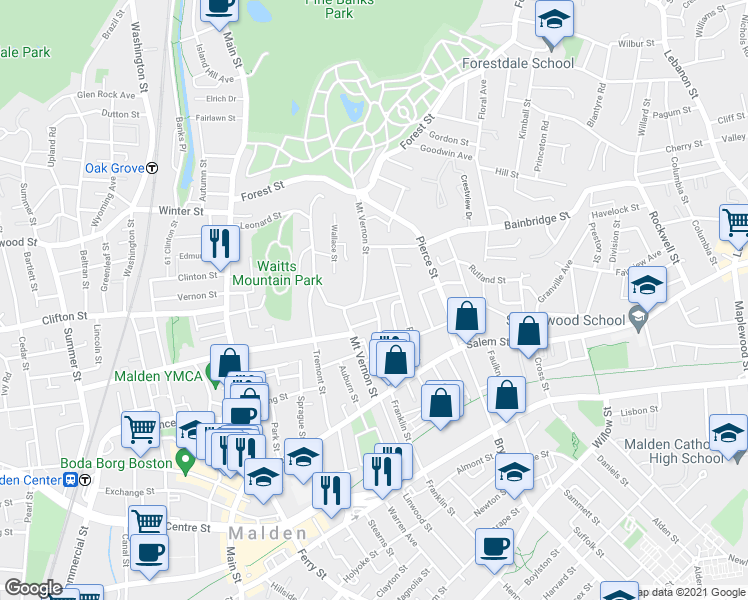 map of restaurants, bars, coffee shops, grocery stores, and more near Starbird Street in Malden