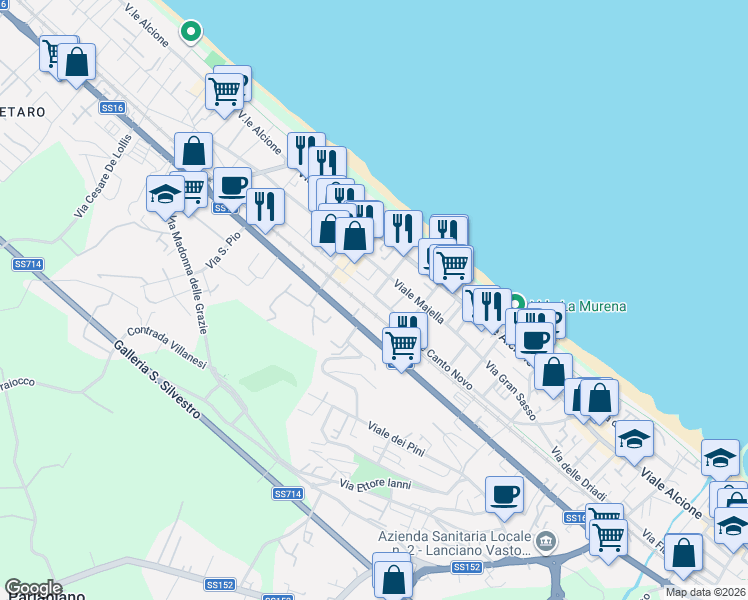 map of restaurants, bars, coffee shops, grocery stores, and more near 20 Viale Canto Novo in Francavilla al Mare