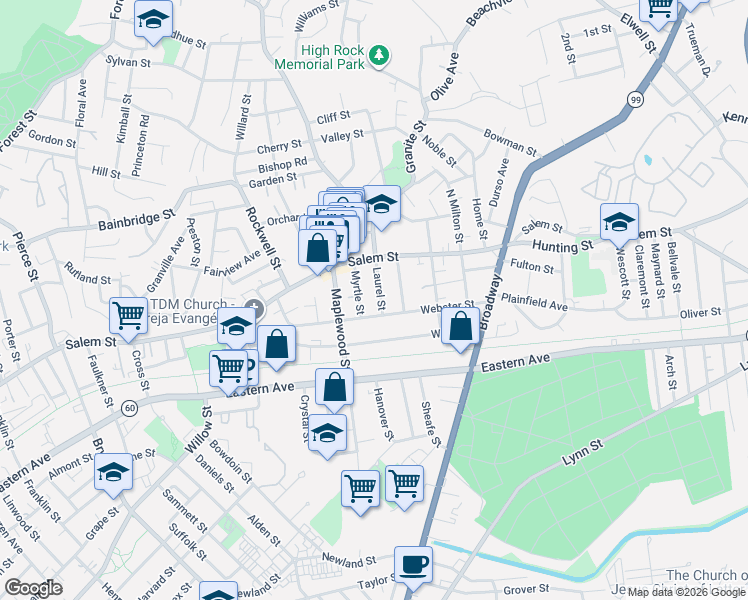 map of restaurants, bars, coffee shops, grocery stores, and more near 112 Webster Street in Malden