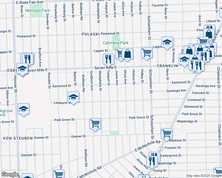map of restaurants, bars, coffee shops, grocery stores, and more near 18652 Fairport Street in Detroit
