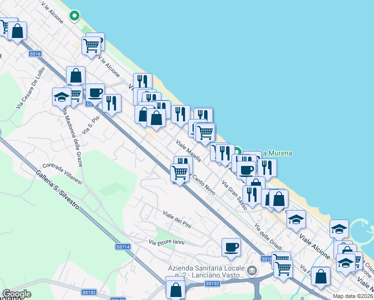 map of restaurants, bars, coffee shops, grocery stores, and more near 16 Via Feltrino in Francavilla al Mare
