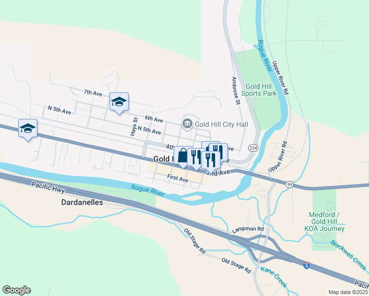 map of restaurants, bars, coffee shops, grocery stores, and more near 202 Dardanelles Street in Gold Hill