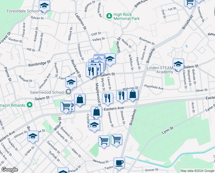 map of restaurants, bars, coffee shops, grocery stores, and more near 112 Webster Street in Malden