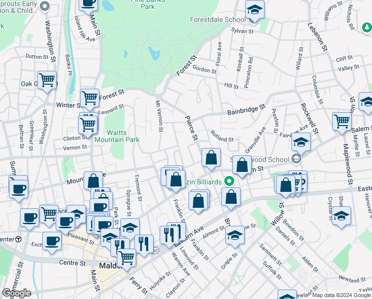 map of restaurants, bars, coffee shops, grocery stores, and more near 18 Kenilworth Street in Malden