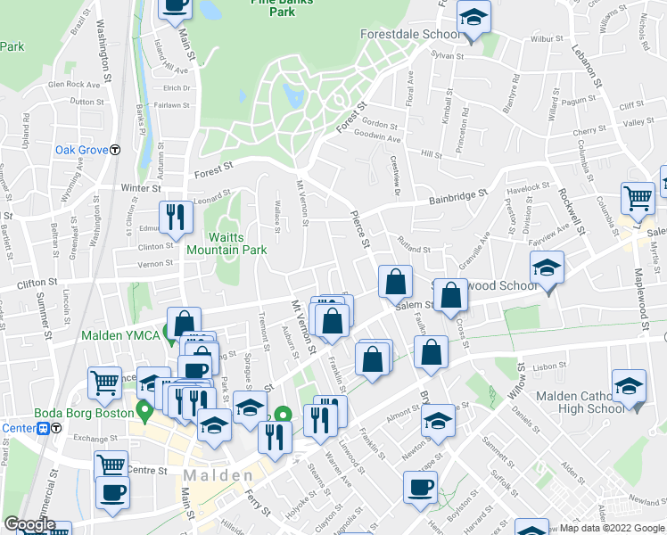 map of restaurants, bars, coffee shops, grocery stores, and more near 75 Wolcott Street in Malden
