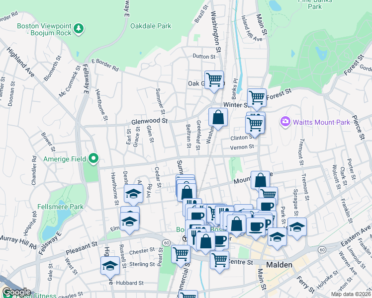 map of restaurants, bars, coffee shops, grocery stores, and more near 161 Clifton Street in Malden