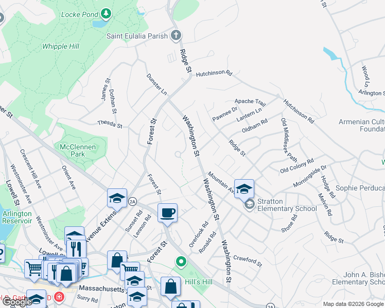 map of restaurants, bars, coffee shops, grocery stores, and more near 308 Washington Street in Arlington