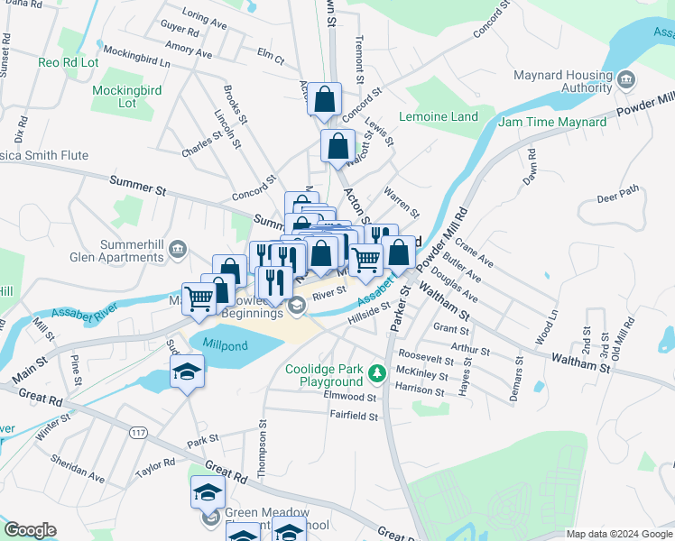 map of restaurants, bars, coffee shops, grocery stores, and more near 58 Main Street in Maynard