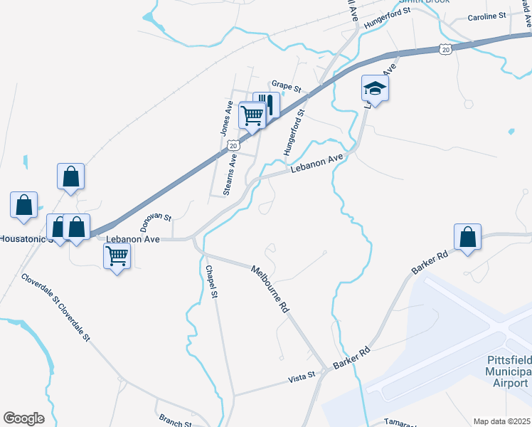 map of restaurants, bars, coffee shops, grocery stores, and more near 255 Lebanon Avenue in Pittsfield