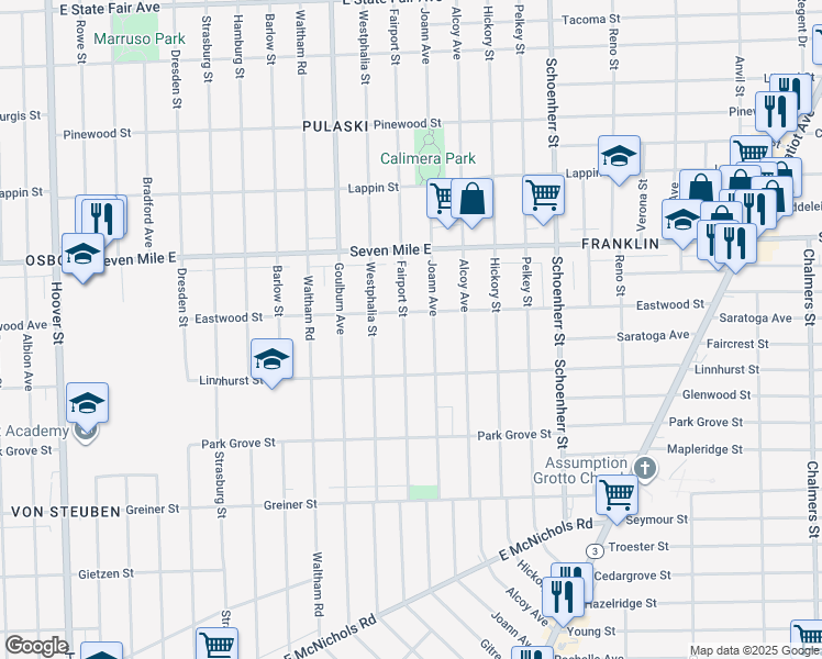 map of restaurants, bars, coffee shops, grocery stores, and more near 18652 Fairport Street in Detroit