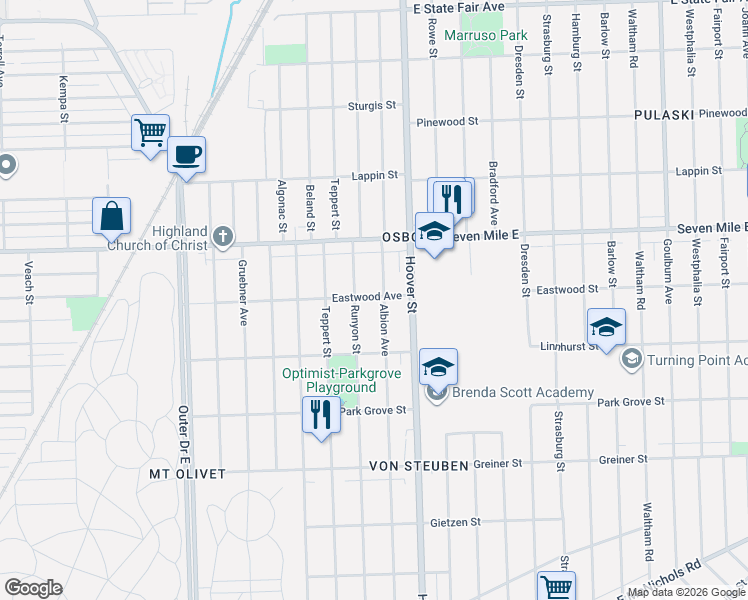 map of restaurants, bars, coffee shops, grocery stores, and more near 18680 Albion Avenue in Detroit