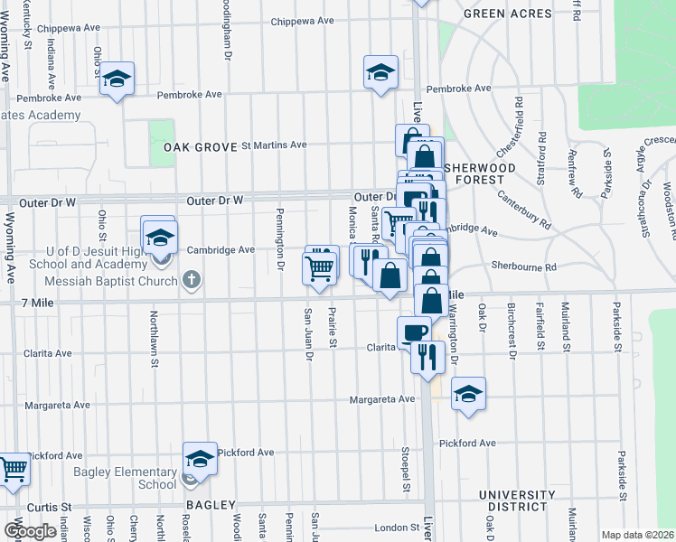 map of restaurants, bars, coffee shops, grocery stores, and more near 19131 Monica Street in Detroit