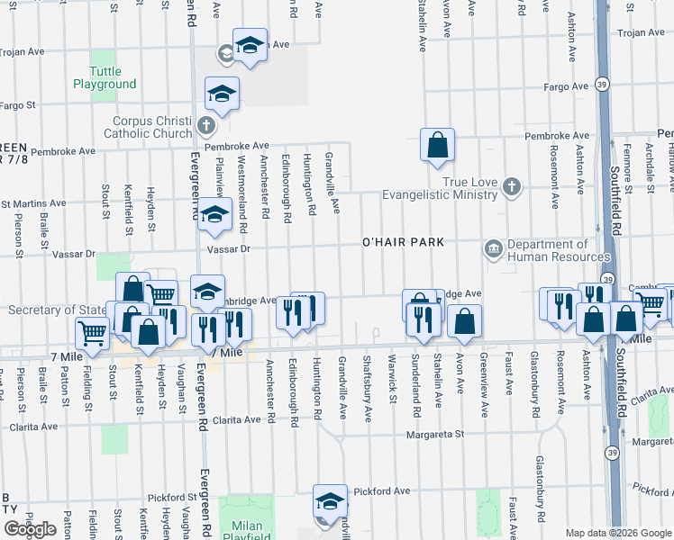 map of restaurants, bars, coffee shops, grocery stores, and more near 19320 Grandville Avenue in Detroit