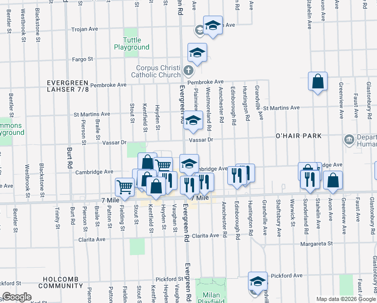 map of restaurants, bars, coffee shops, grocery stores, and more near 19325 Plainview Avenue in Detroit