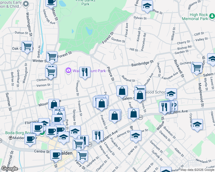 map of restaurants, bars, coffee shops, grocery stores, and more near 18 Kenilworth Street in Malden