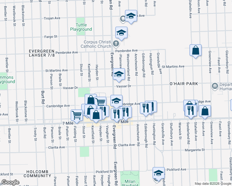 map of restaurants, bars, coffee shops, grocery stores, and more near 19325 Plainview Avenue in Detroit