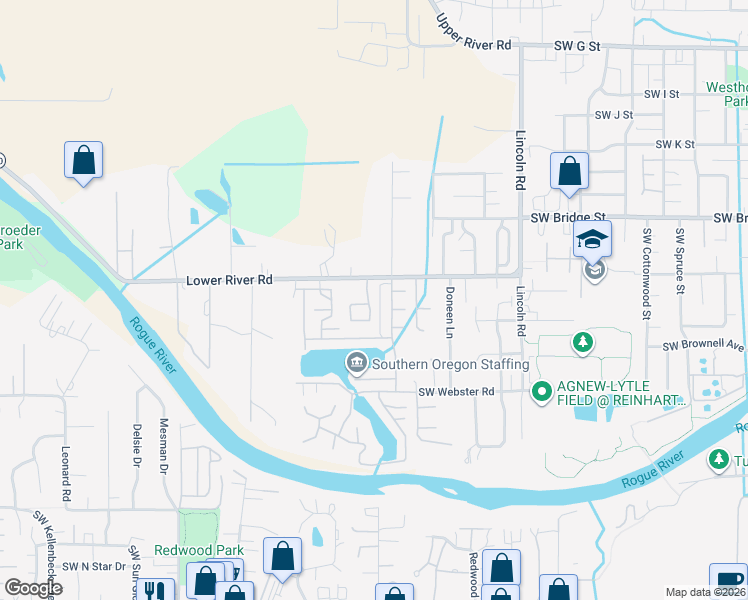 map of restaurants, bars, coffee shops, grocery stores, and more near 729 Southwest Kinsington Court in Grants Pass