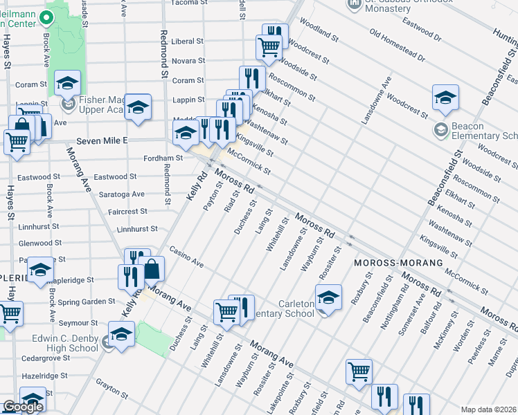 map of restaurants, bars, coffee shops, grocery stores, and more near 12621 Laing Street in Detroit