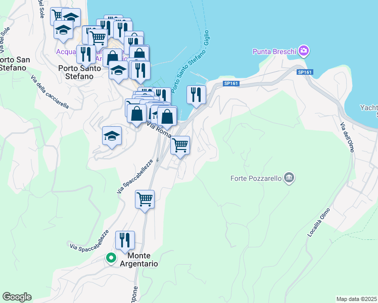 map of restaurants, bars, coffee shops, grocery stores, and more near 23D Strada dell Argentiera in Porto Santo Stefano