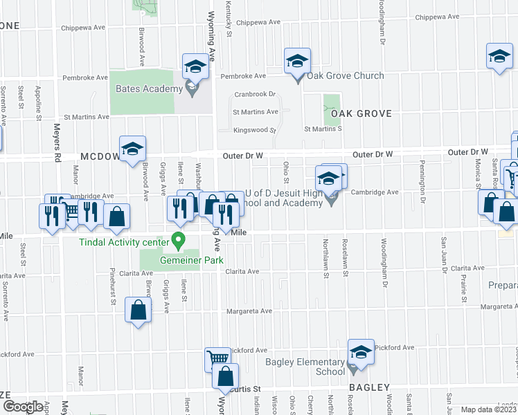 map of restaurants, bars, coffee shops, grocery stores, and more near 19178 Indiana Street in Detroit